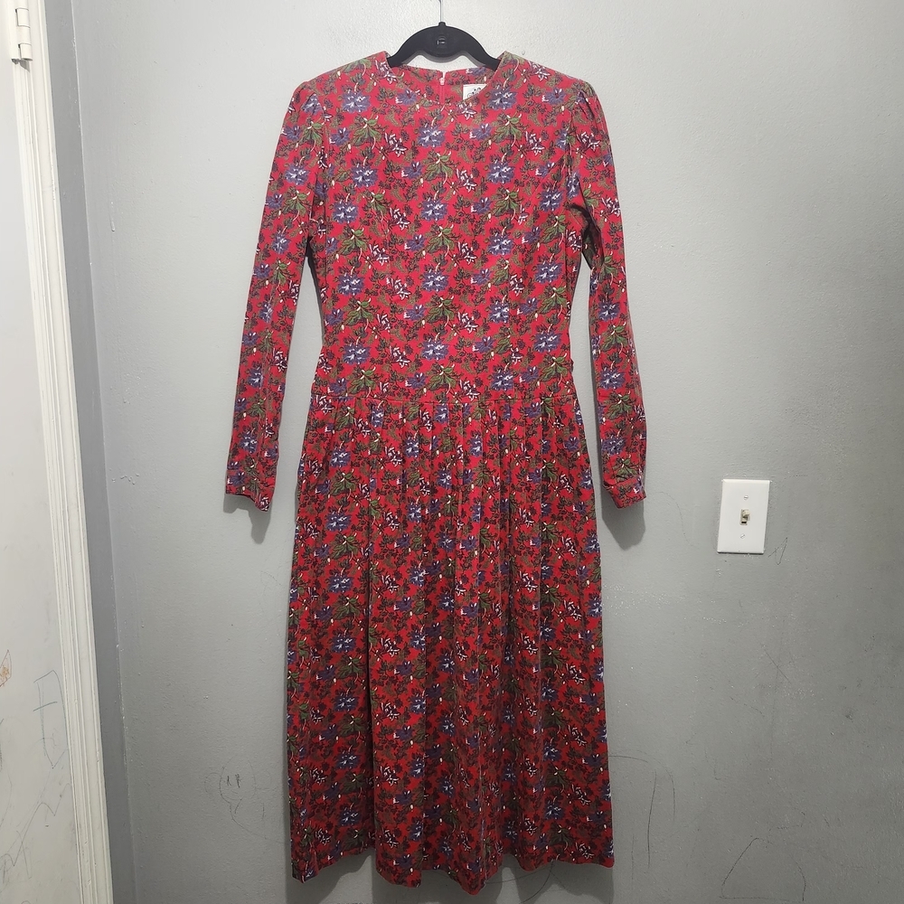 Lanz Originals Vintage Corduroy Vibrant Red Floral Long Sleeve Dress Size 8